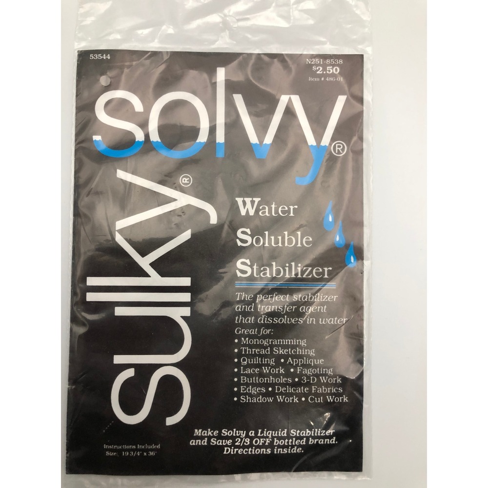 Vtg NIP Sulky Solvy Water Soluble Stabilizer 19.75x36" Sheet N251-8538 NOS 1990s